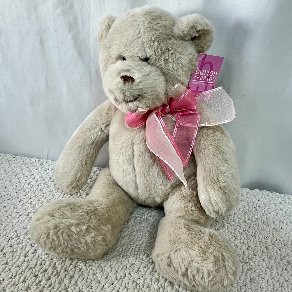 Burton  + BURTON Plush Beige Stuffed Bear Sheer Pink Ribbon NWT 14" Toy Decor